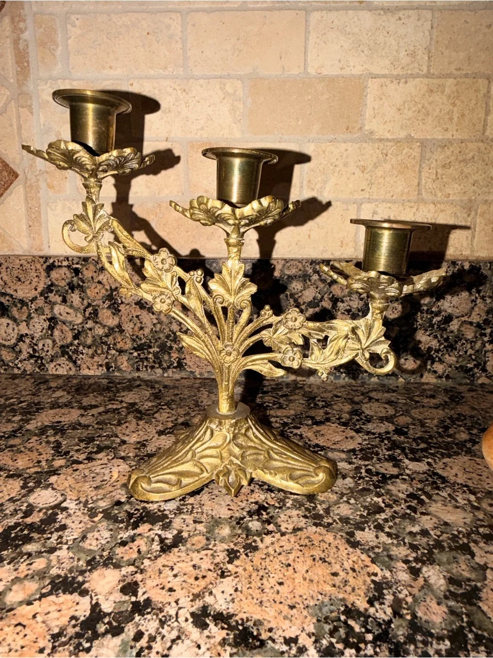 Vintage Ornate Brass Floral 3-Arm Candle Holder